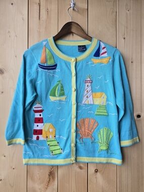 Vintage Rainbow Bridge Sailboat Beach Cotton Cardigan Sweater Teal Womens Small